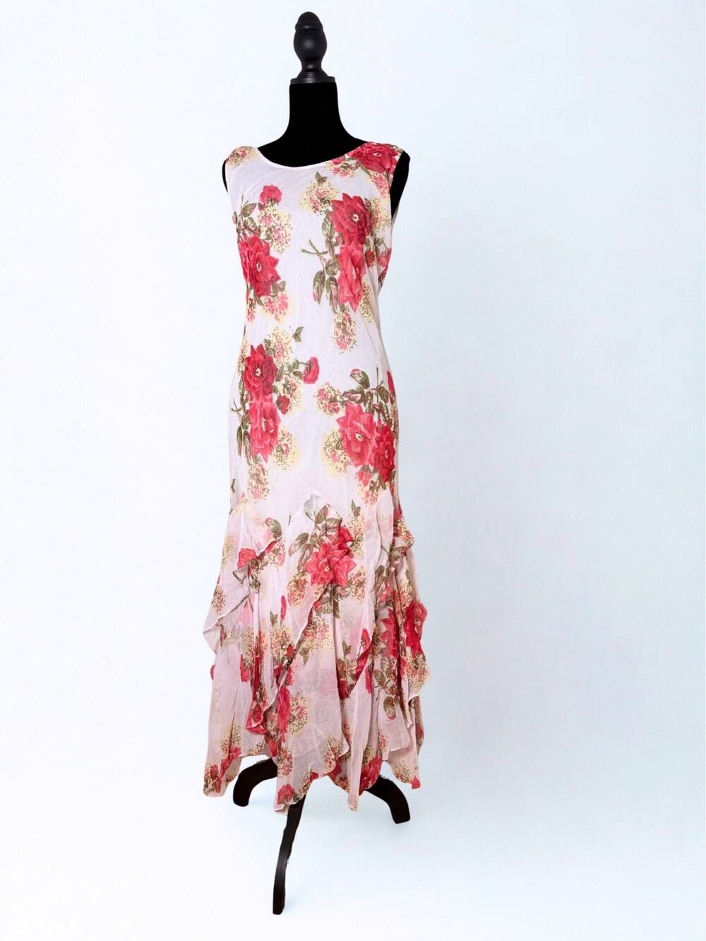 White Red Floral Print Bias Cut Sleeveless Fairy Dress Tiered Handkerchief Hem